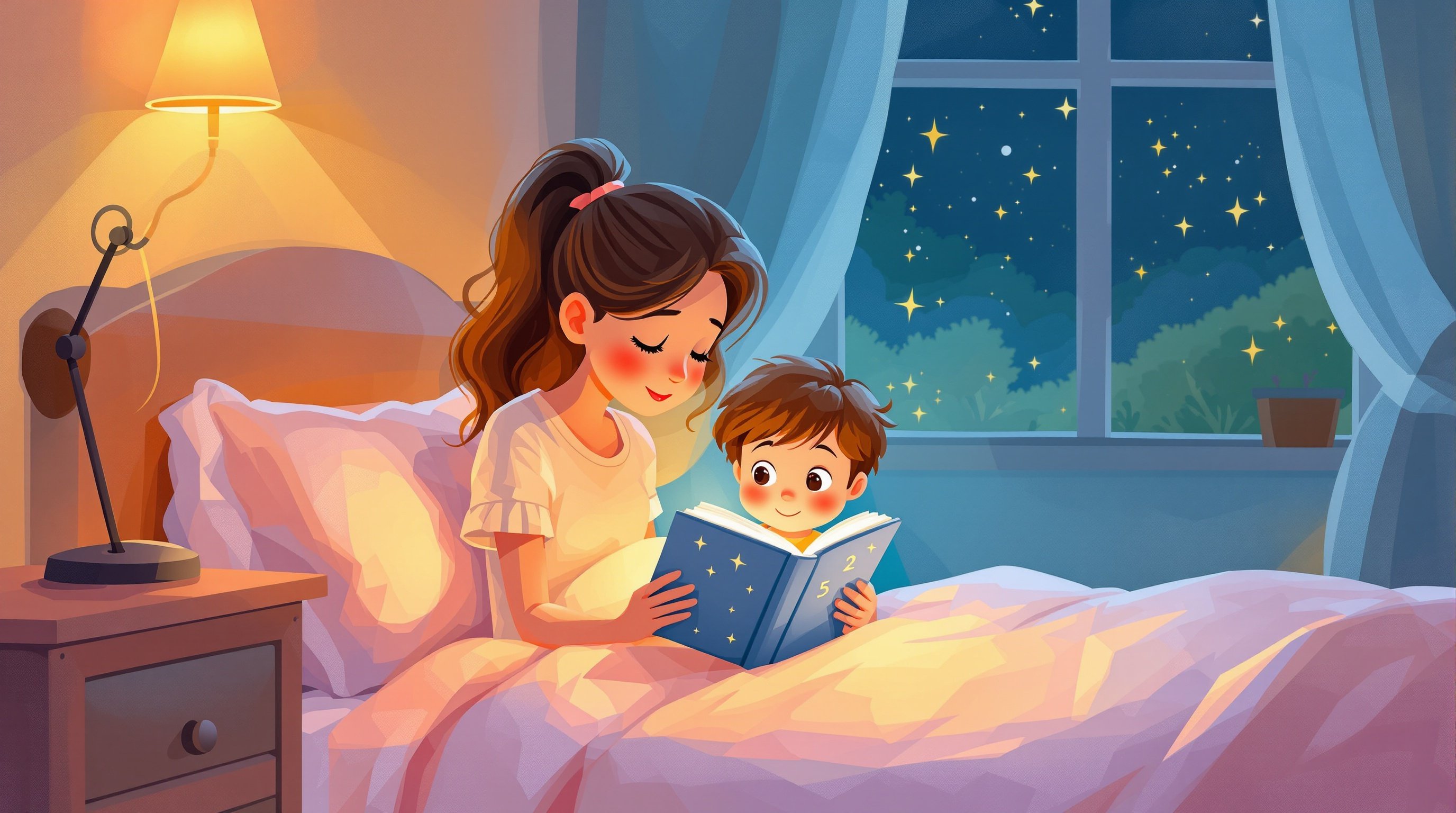 Mother and child reading together in a cozy bedtime scenario with warm lighting