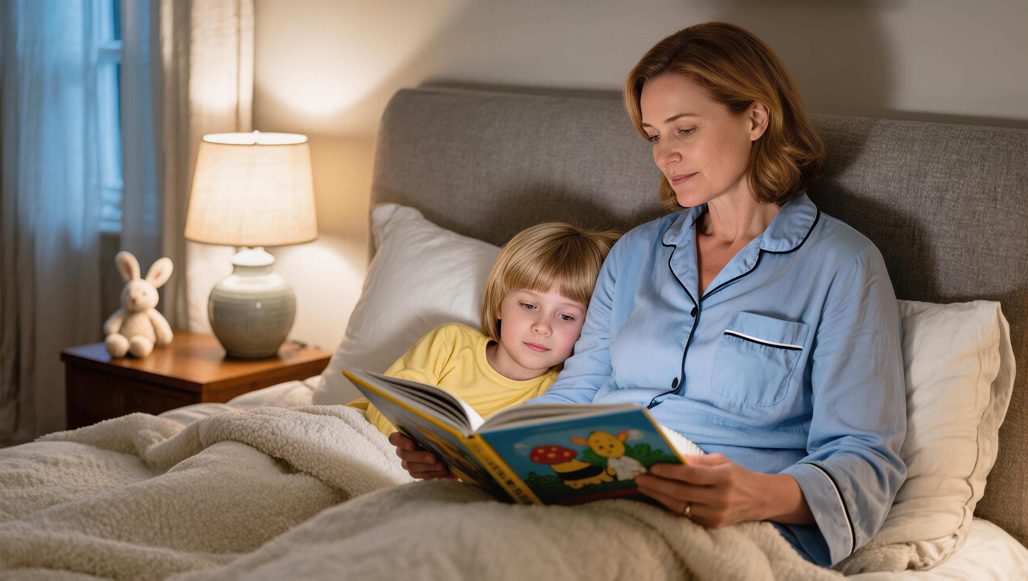 Mother and child enjoying a peaceful bedtime moment together with warm, cozy lighting